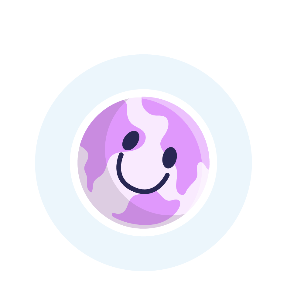 Illustration d’une planète souriante en rose et bleu, représentant l’engagement écologique de la marque Crème Brûlée pour des bougies naturelles et respectueuses de l’environnement.