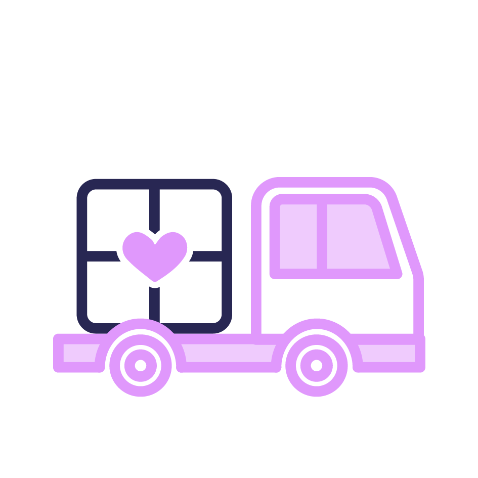 Icône de livraison, camion violet transportant un colis avec un cœur, représentant une expédition rapide et soignée.
