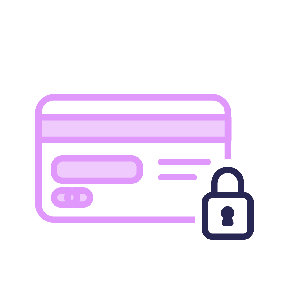 Icône de paiement sécurisé, carte bancaire violette avec un cadenas symbolisant une transaction en ligne fiable et protégée.