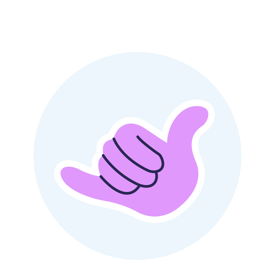 Illustration d’une main faisant un signe "shaka" violet sur fond bleu, représentant l’esprit fun et décontracté de la marque.