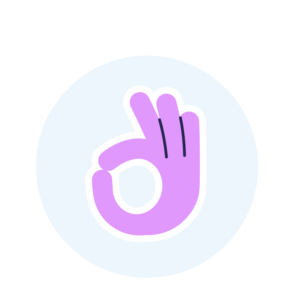Illustration d’une main faisant un signe "OK" violet sur fond bleu, symbolisant la haute qualité et l’excellence des produits.