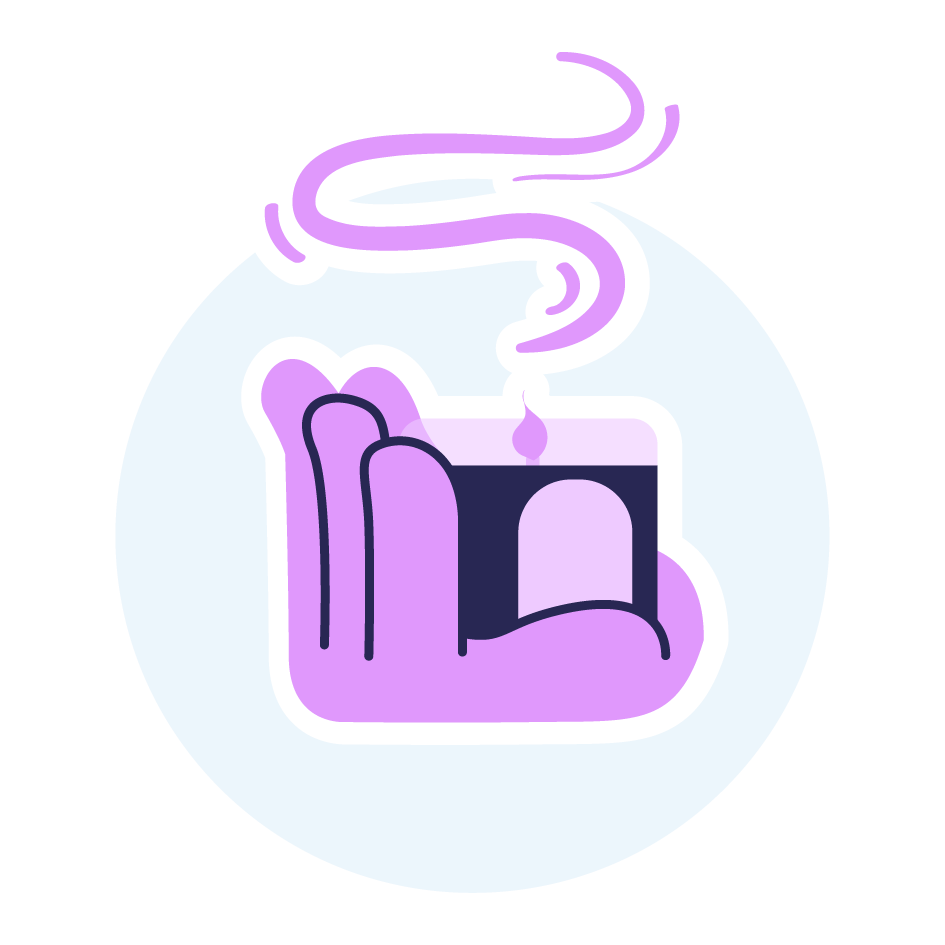 Illustration d’une main tenant une bougie allumée avec de la fumée parfumée, symbolisant la qualité et l’intensité des senteurs.