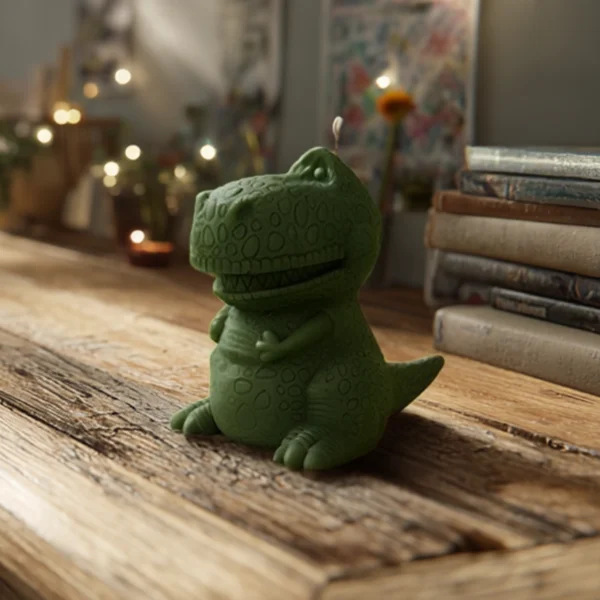 Bougie verte en forme de dinosaure T-Rex rigolo, posée sur une table en bois dans une ambiance cosy.
